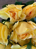 19" Yellow Open Rose Bush x14 with Water Droplets