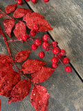 40" Red Glitter Sequin Berry Leaf Spray