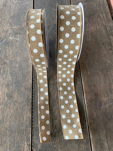 1.5" 2.5" 50 yards White Polka Dot on Tan Canvas Wired Ribbon