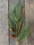 28" Needle Long Pine Spray with Pinecones and Red Pep Berries