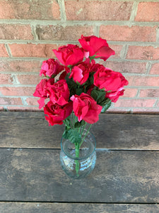 19" Hot Pink Open Rose Bush x14 with Water Droplets