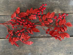 40" Red Glitter Sequin Berry Leaf Spray