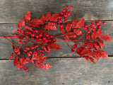 40" Red Glitter Sequin Berry Leaf Spray