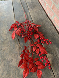 40" Red Glitter Sequin Berry Leaf Spray