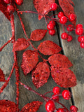 40" Red Glitter Sequin Berry Leaf Spray