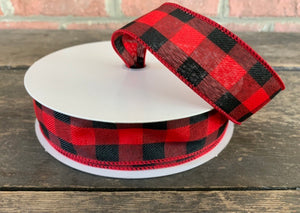 Red Black Buffalo Plaid Linen Wired Ribbon 1.5” X 50 Yards