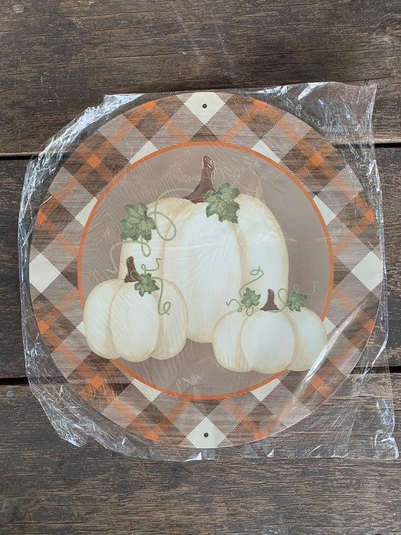 White Pumpkins Round Metal Wreath Sign