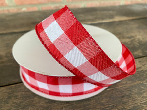 Red White Buffalo Plaid Linen Wired Ribbon 1.5” X 50 Yards