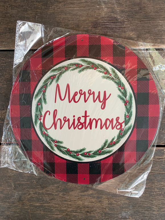 Red Black Buffalo Plaid Merry Christmas Round Metal Wreath Sign