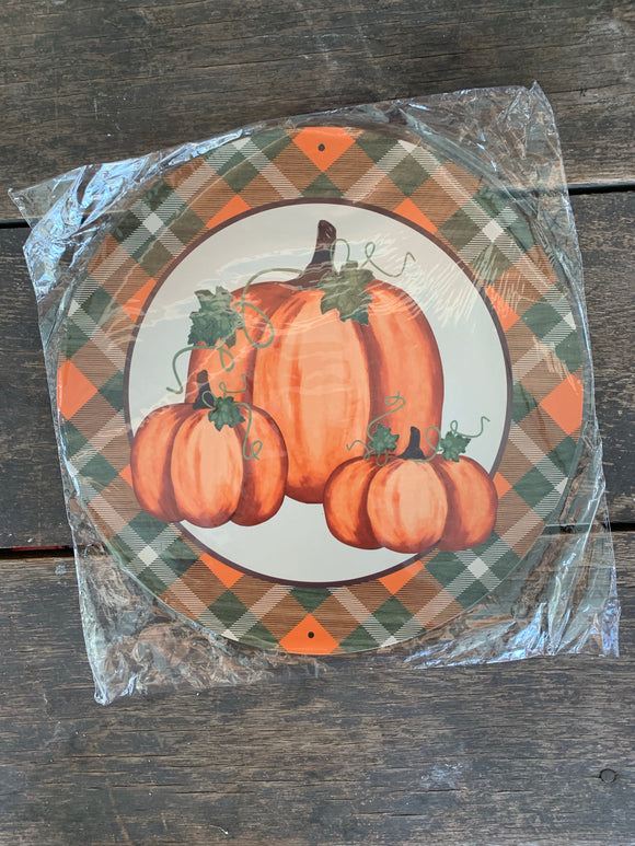 Fall Plaid Pumpkins Round Metal Wreath Sign