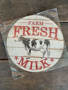 Farm Fresh Milk Cow Round Metal Wreath Sign