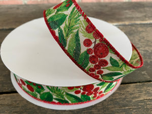 Greenery and Red Berries Linen Wired Ribbon 1.5” X 50 Yards