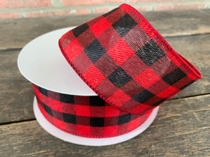 Red Black Buffalo Plaid Linen Wired Ribbon 2.5” X 50 Yards