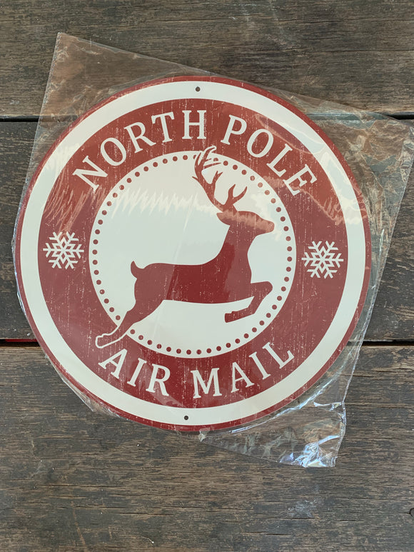 North Pole Air Mail Reindeer Round Metal Wreath Sign