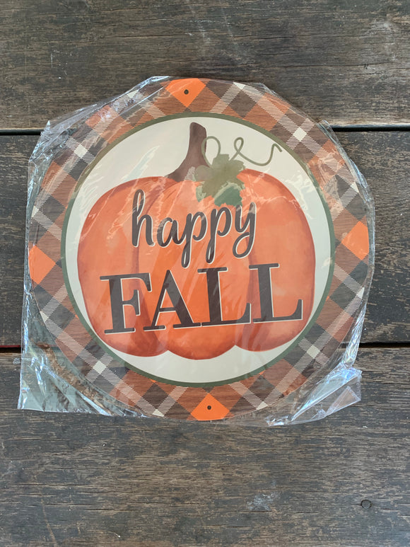 Happy Fall Pumpkin Round Metal Wreath Sign