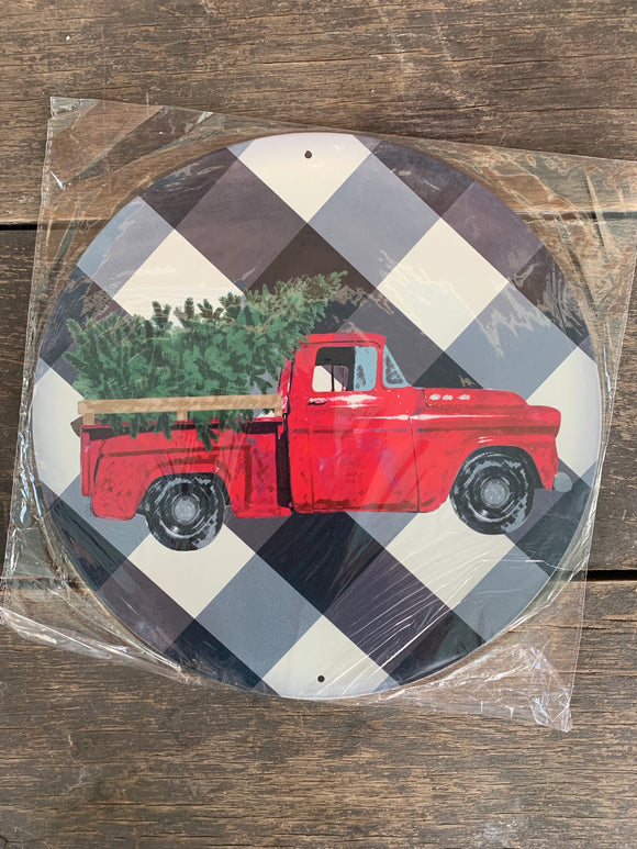 Red Truck with Christmas Tree Black White Buffalo Plaid Round Metal Wreath Sign