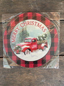 Red Truck with Christmas Tree Black Red Buffalo Plaid Round Metal Wreath Sign